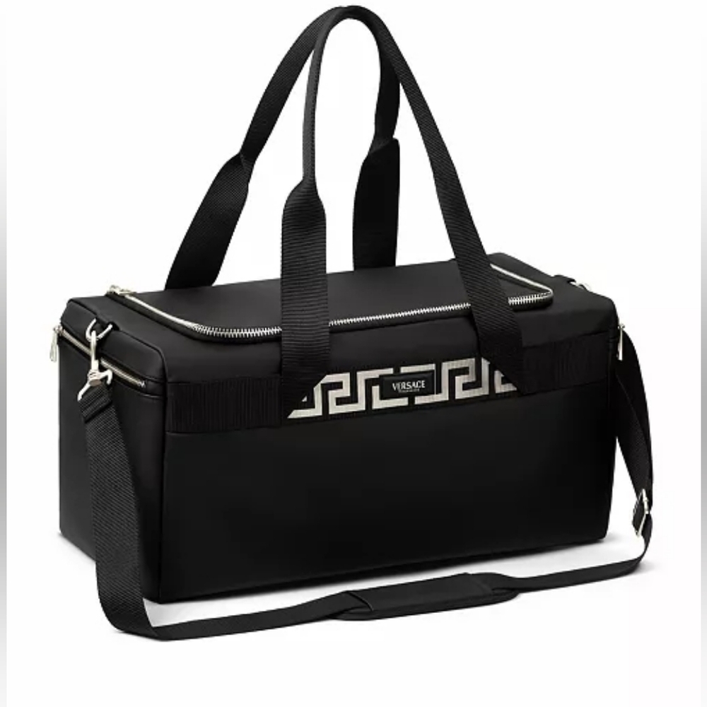 Versace Logo Black & Silver Weekend Bag Duffle Gym Travel Luxe